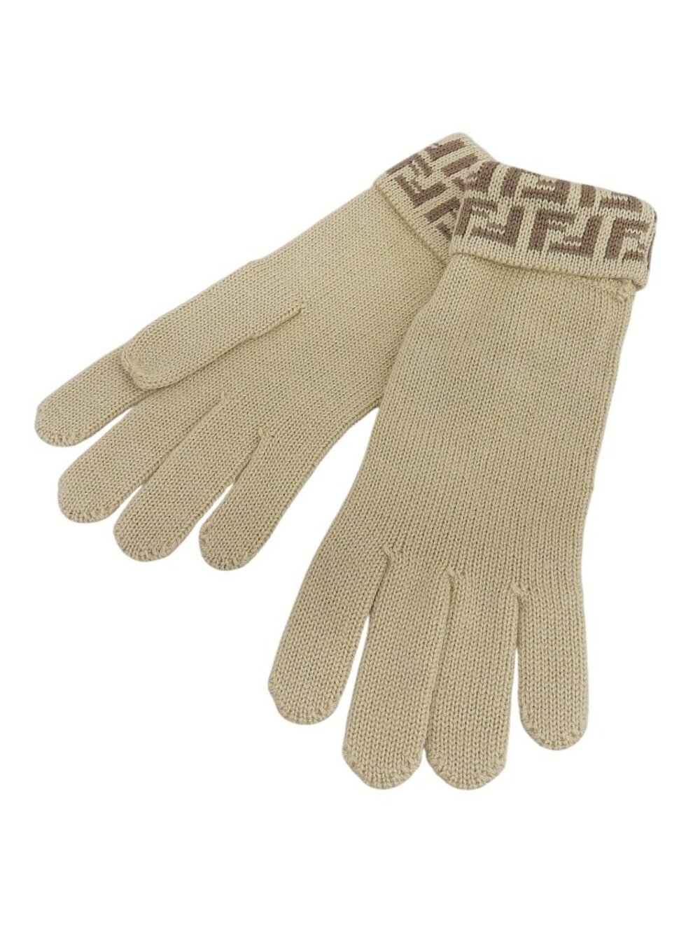 Fendi Wool 100% Zucchino FF Logo Knit Gloves Beige TU